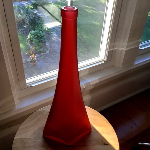 Pair VTG Asymmetrical Conical Frosted Glass Vases Red Teal Numbered Stamped 14" - Picture 9 of 10